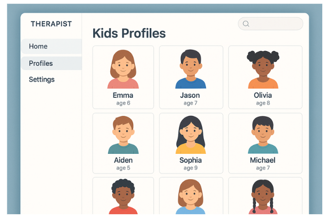 Therapist dashboard, kids profiles list
